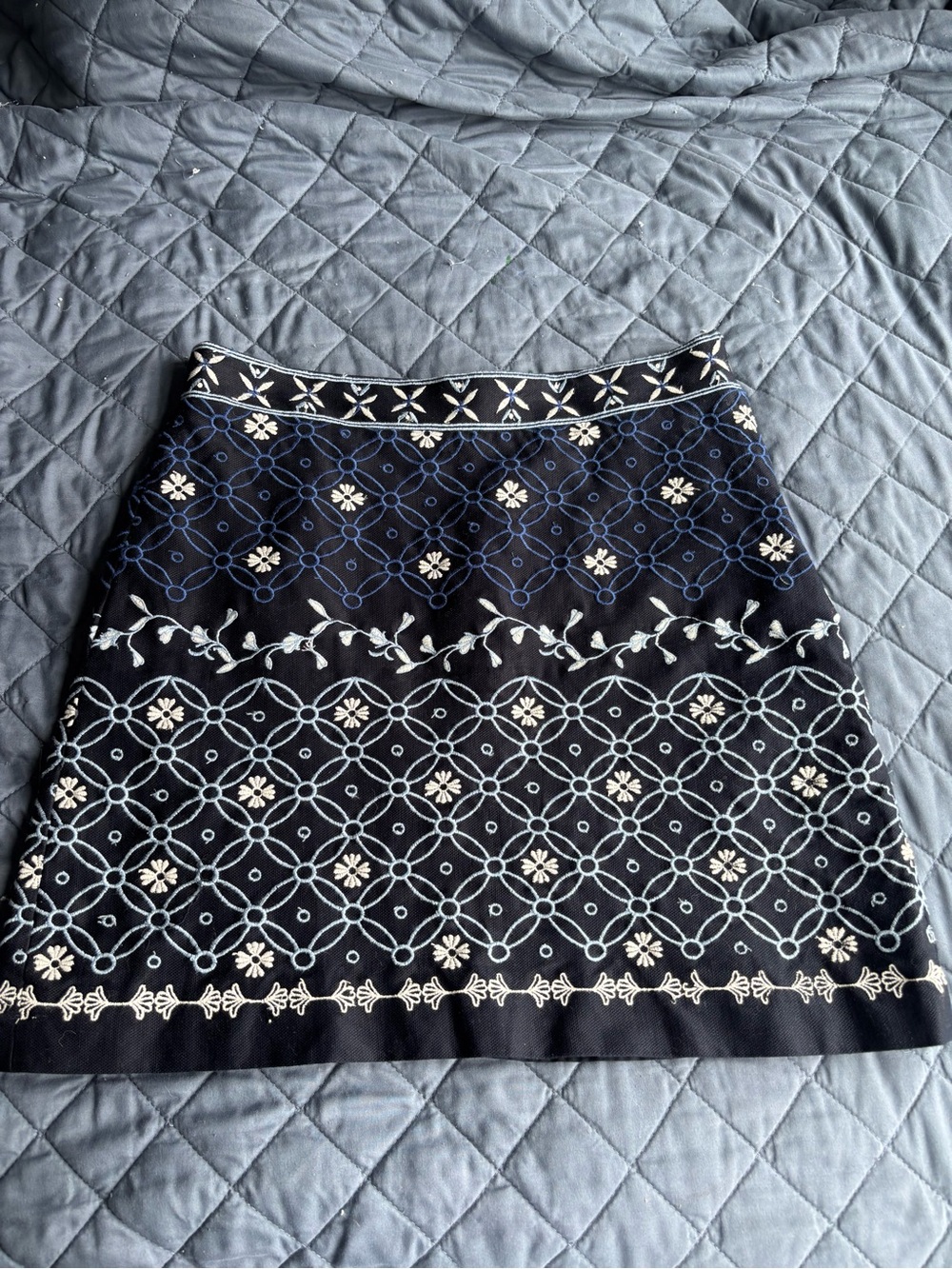 LOFT Embroidered Navy/Light Blue/White Floral A-Line Skirt